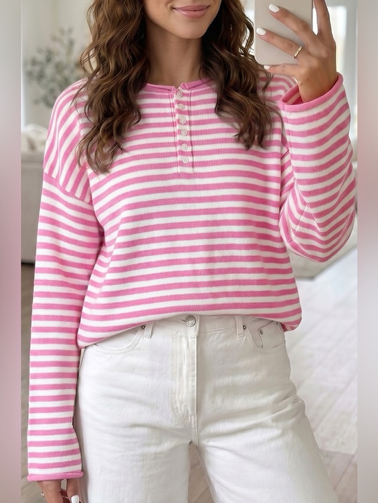 SYNZ Sweaters - Striped Button Placket Drop Shoulder Long Sleeve Sweater